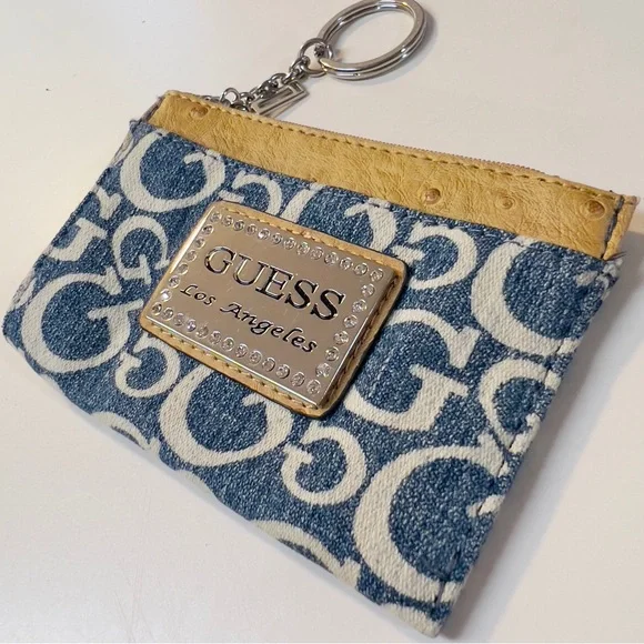 Guess Denim Blue Zipper Closure faux ostrich leather trim Keychain Coins Wallet - Picture 10 of 10
